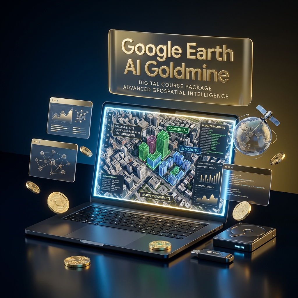 Google Earth AI Goldmine — Digital Course Package showing satellite analysis, AI tools, and geospatial intelligence dashboard